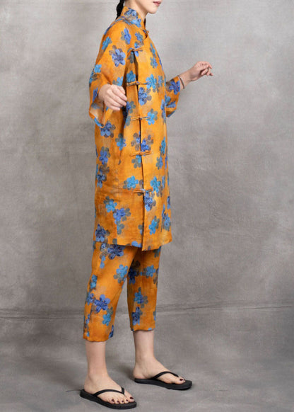 Gelb Print Patchwork Leinen Zweiteiler Set Chinesischer Knopf Sommer