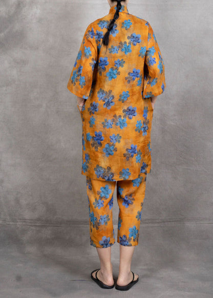 Gelb Print Patchwork Leinen Zweiteiler Set Chinesischer Knopf Sommer