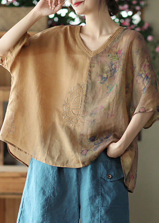 Camisas de manga corta con estampado de patchwork de ramio amarillo