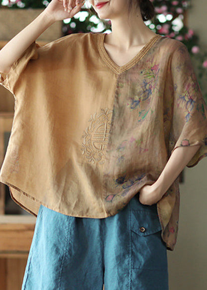 Camisas de manga corta con estampado de patchwork de ramio amarillo