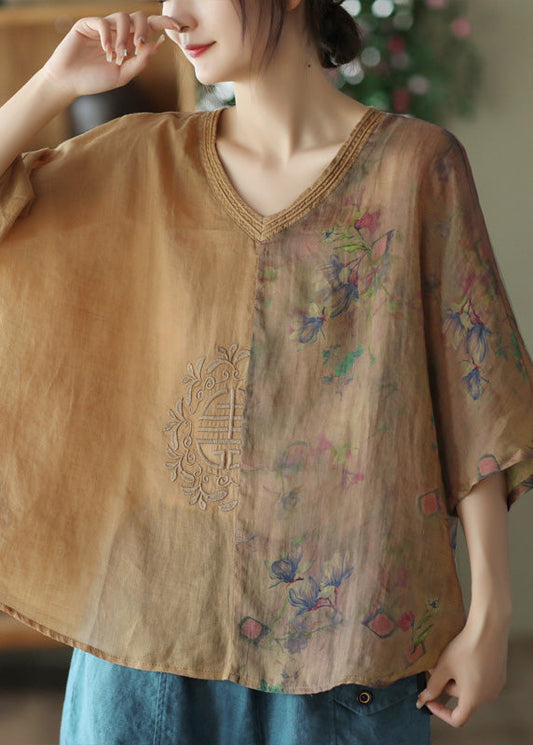 Camisas de manga corta con estampado de patchwork de ramio amarillo