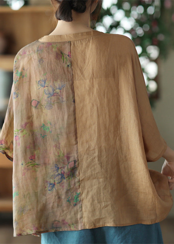 Camisas de manga corta con estampado de patchwork de ramio amarillo