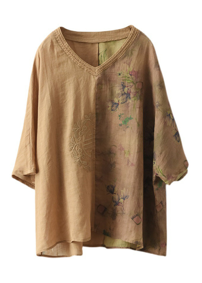 Camisas de manga corta con estampado de patchwork de ramio amarillo