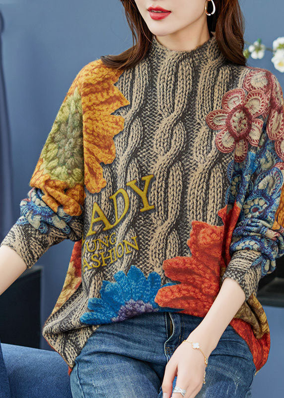 Gelb Print Wolle Strick Pullover Tops Chunky Oversized Winter