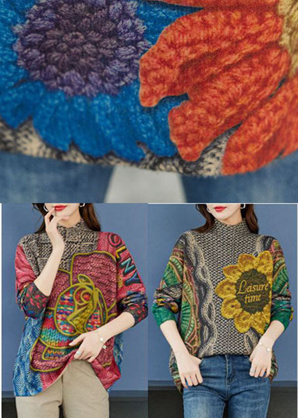 Gelb Print Wolle Strick Pullover Tops Chunky Oversized Winter