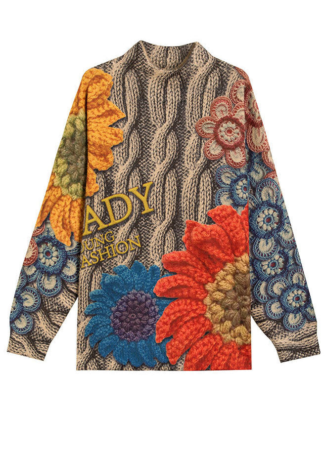 Gelb Print Wolle Strick Pullover Tops Chunky Oversized Winter