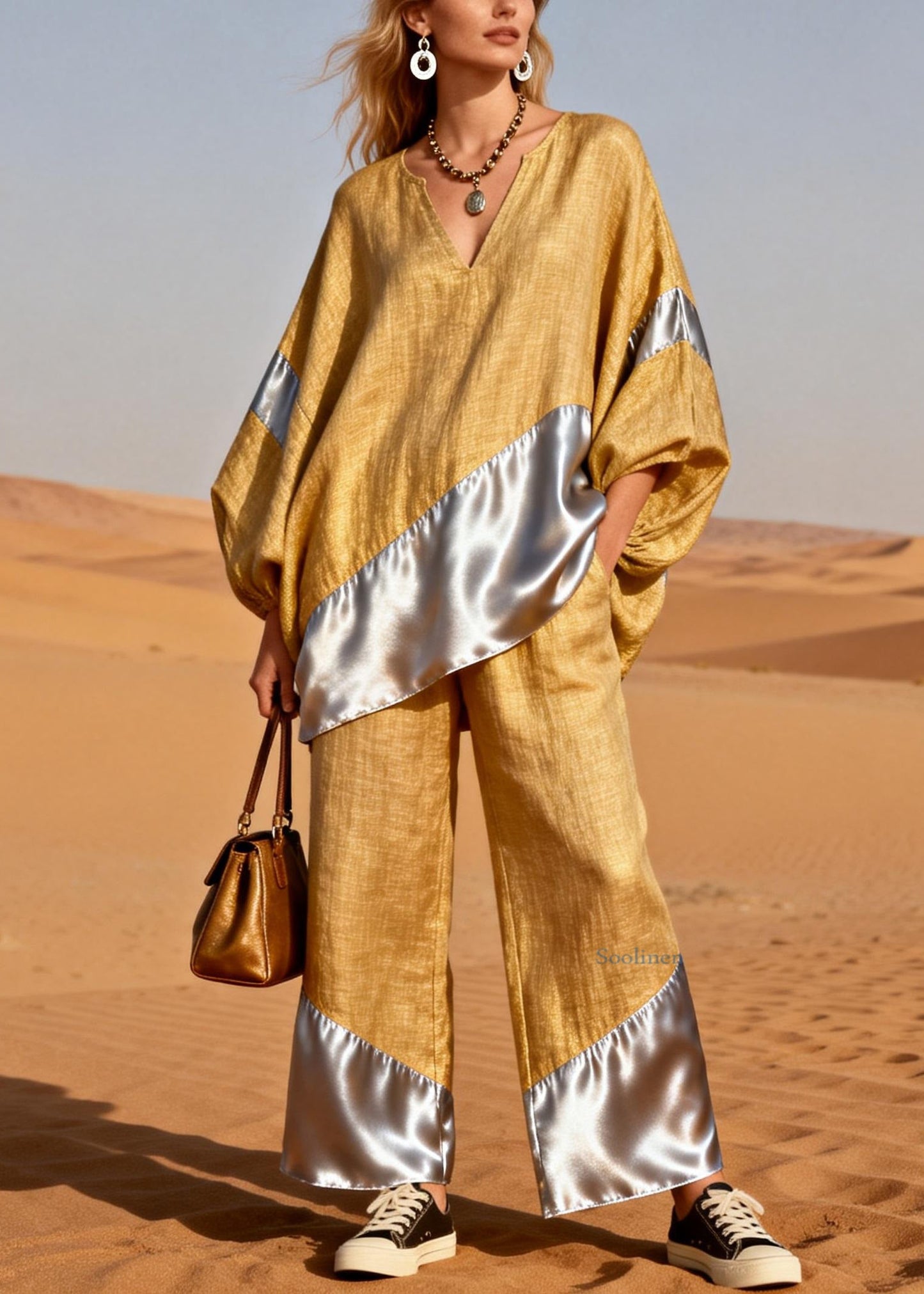 Yellow Silk Patchwork Tops And Pants Two Pieces Set V Neck Spring