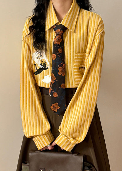 Yellow Striped Pockets Shirt Embroidered Spring