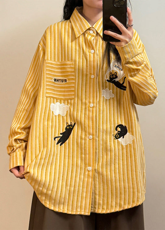 Yellow Striped Pockets Shirt Embroidered Spring