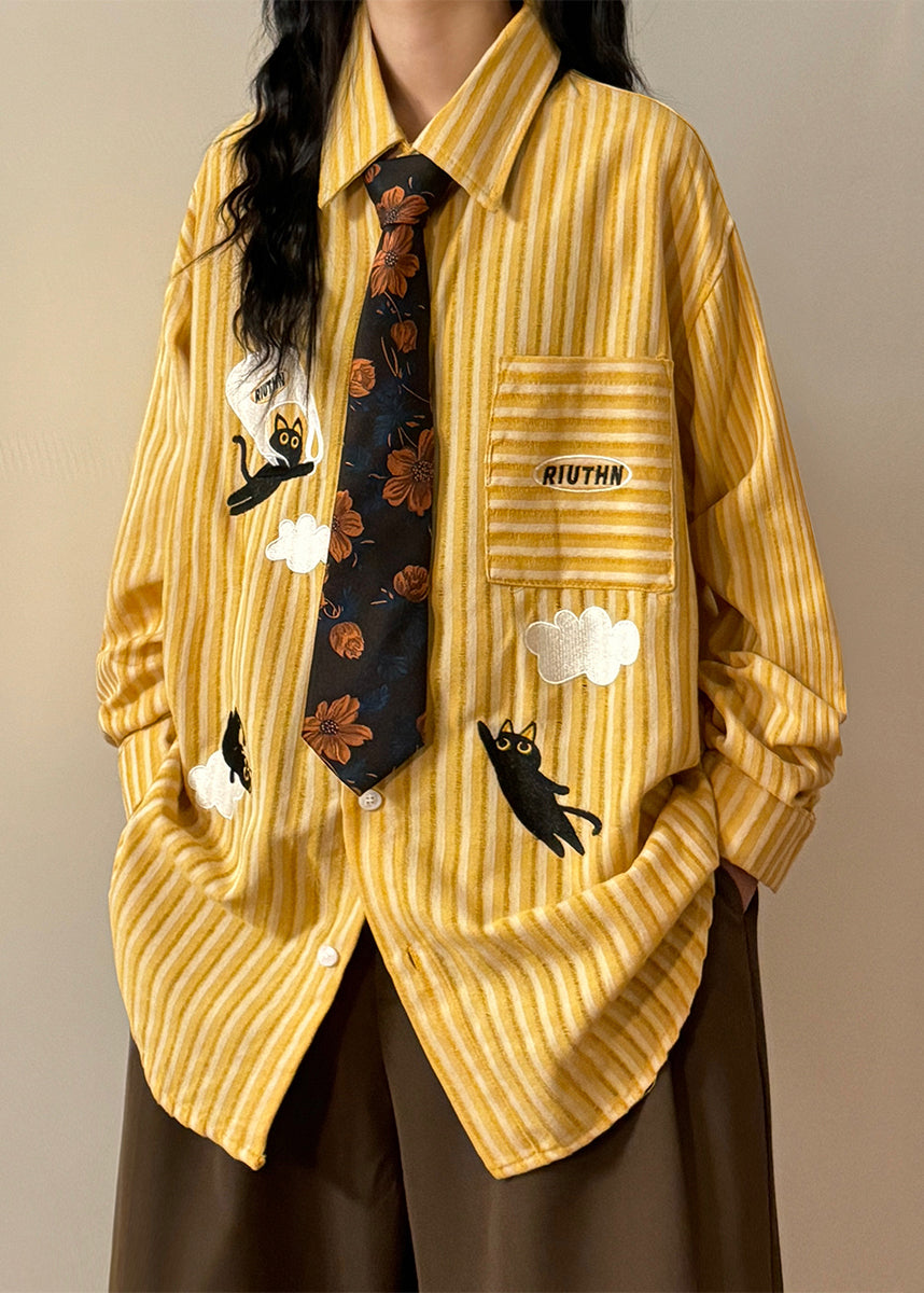 Yellow Striped Pockets Shirt Embroidered Spring
