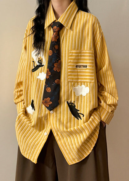 Yellow Striped Pockets Shirt Embroidered Spring