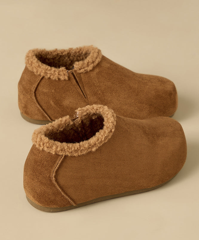 Yellow Suede Splicing Platform Flat Shoes Fuzzy Wool Lined