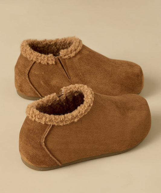 Yellow Suede Splicing Platform Flat Shoes Fuzzy Wool Lined