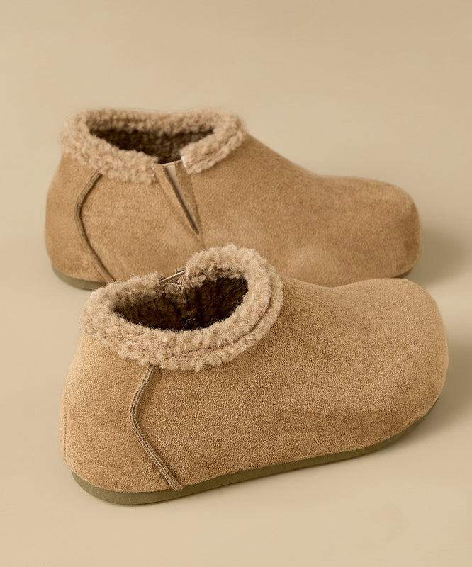 Yellow Suede Splicing Platform Flat Shoes Fuzzy Wool Lined