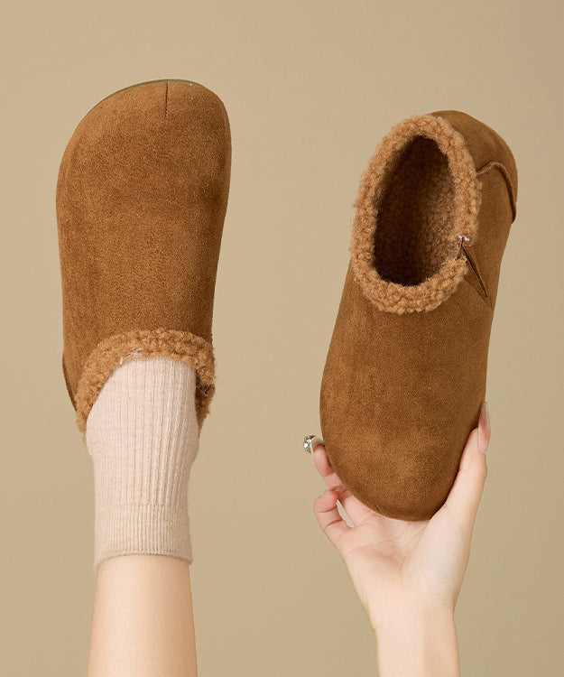 Yellow Suede Splicing Platform Flat Shoes Fuzzy Wool Lined