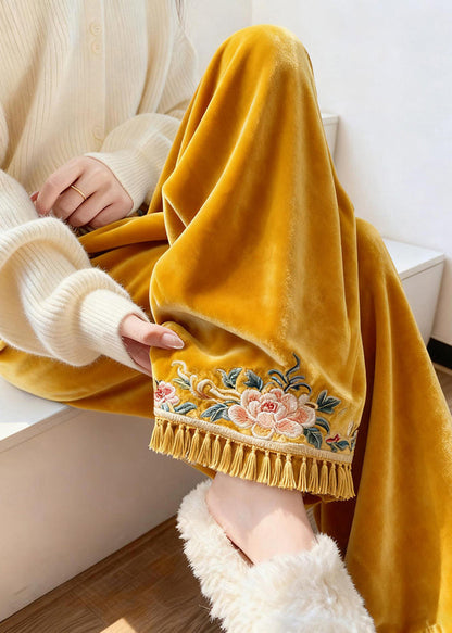 Yellow Tasseled Elastic Waist Silk Velvet Pants Embroidered