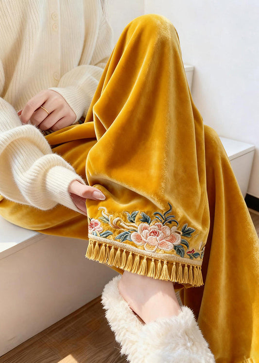 Yellow Tasseled Elastic Waist Silk Velvet Pants Embroidered