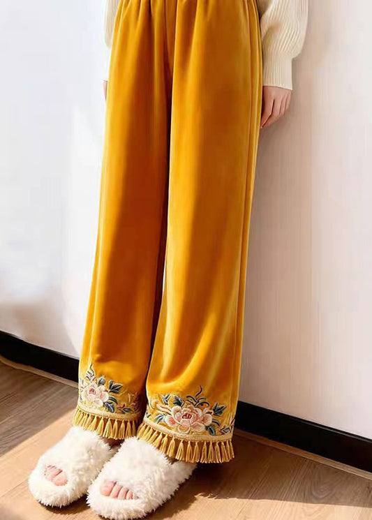 Yellow Tasseled Elastic Waist Silk Velvet Pants Embroidered