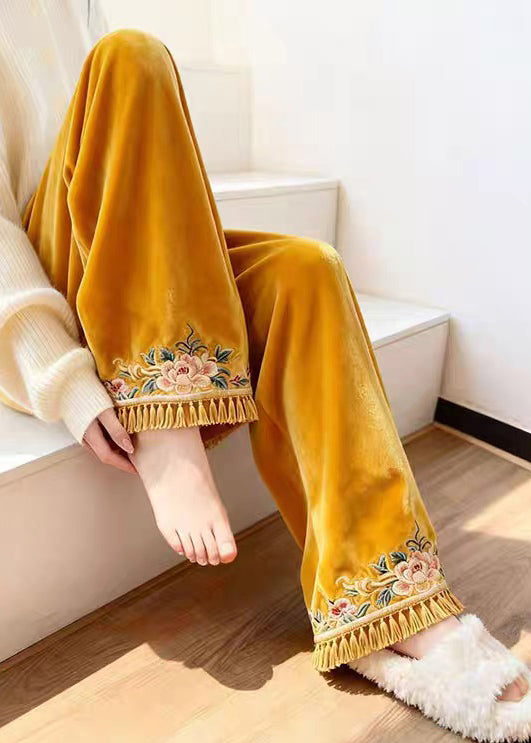 Yellow Tasseled Elastic Waist Silk Velvet Pants Embroidered