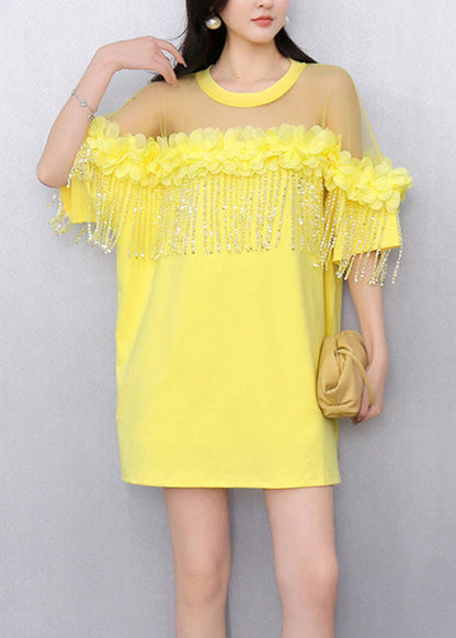 Yellow Tasseled Tulle Patchwork T Shirt Ruffled Half Sleeve