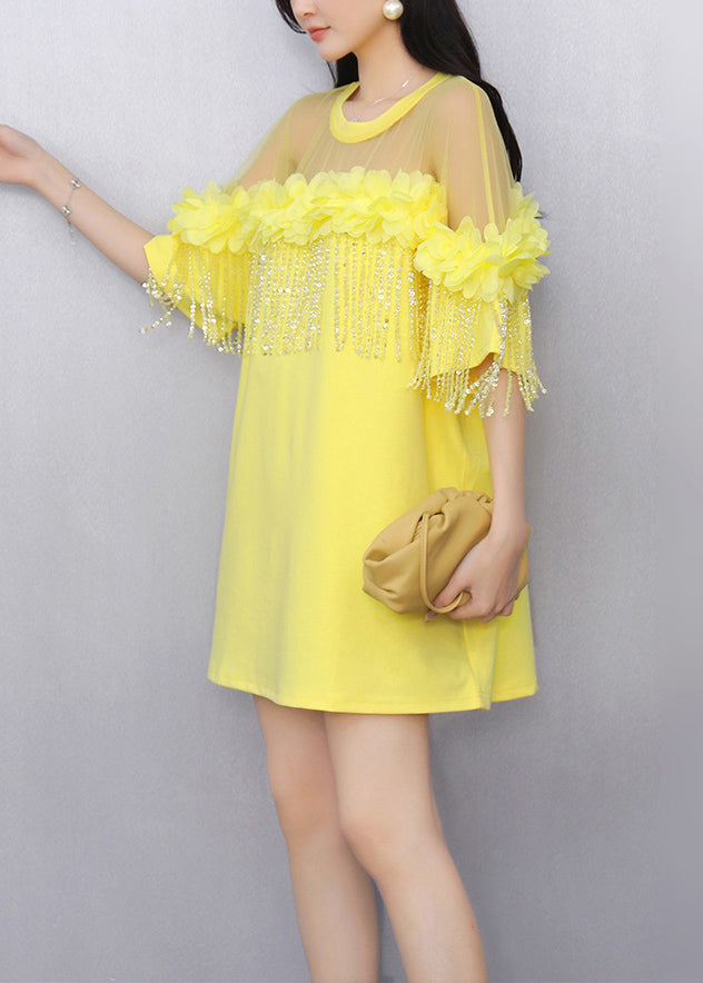 Yellow Tasseled Tulle Patchwork T Shirt Ruffled Half Sleeve