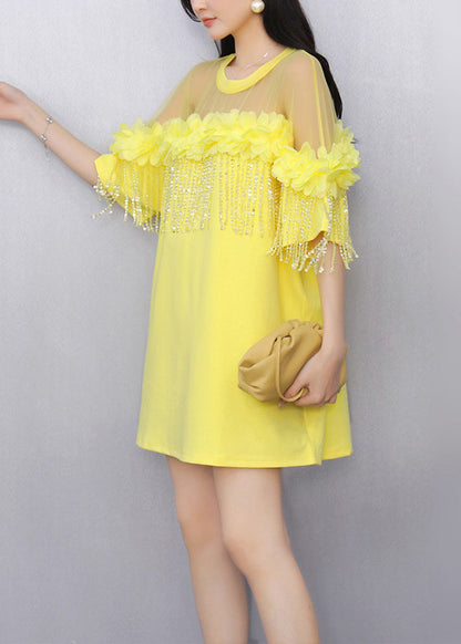 Yellow Tasseled Tulle Patchwork T Shirt Ruffled Half Sleeve