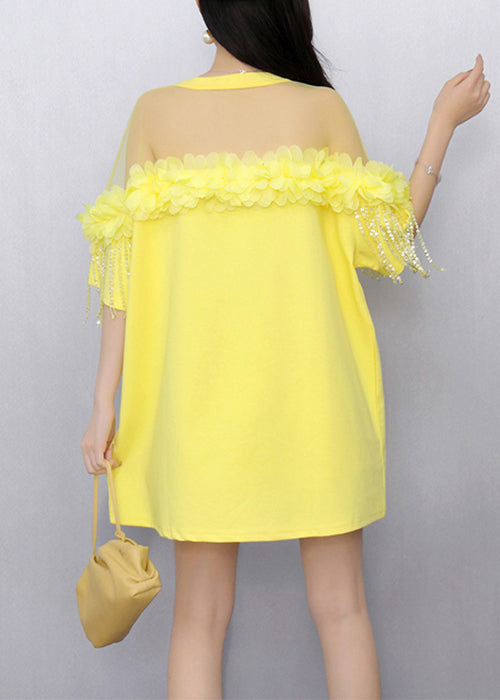 Yellow Tasseled Tulle Patchwork T Shirt Ruffled Half Sleeve