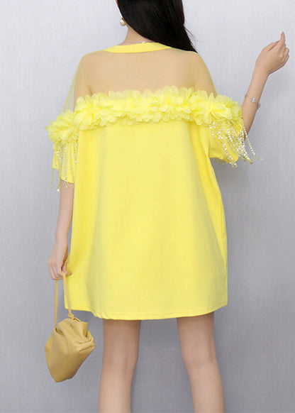 Yellow Tasseled Tulle Patchwork T Shirt Ruffled Half Sleeve