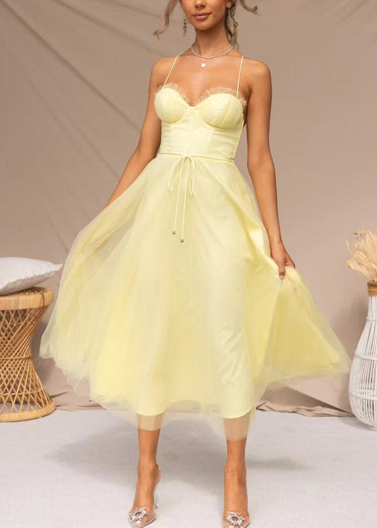 Yellow Tunic Tulle Tulle Maxi Spaghetti Strap Dress Summer