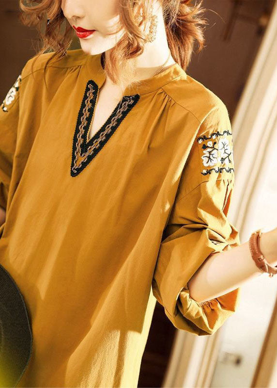 Gelbe V-Ausschnitt Mode Baumwolle Kleider Frühling