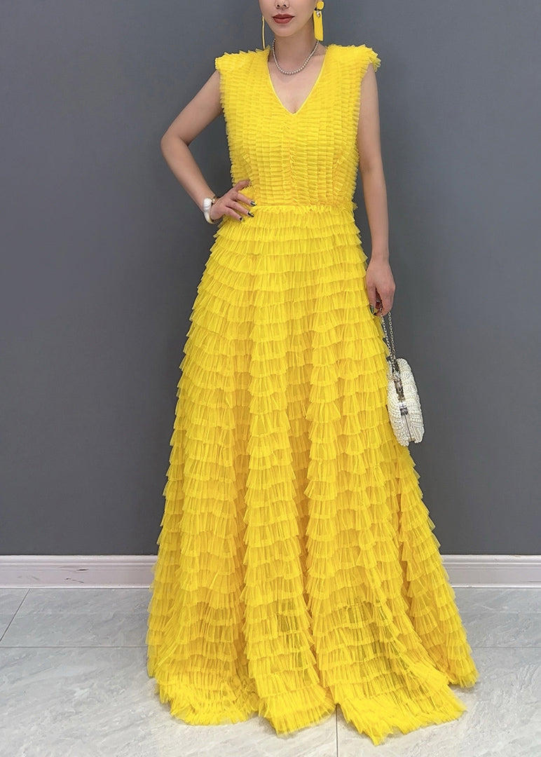 Yellow Wrinkled Solid Vacation Maxi Cake Dresses Summer