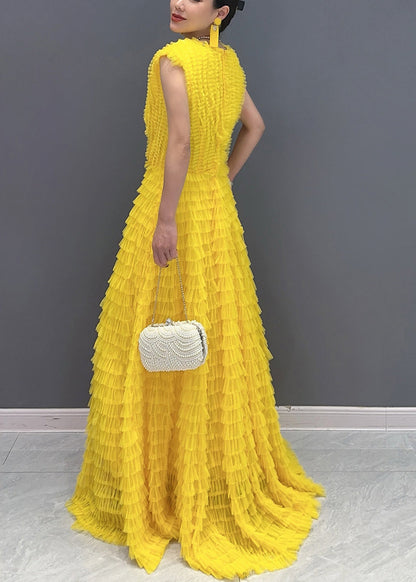 Yellow Wrinkled Solid Vacation Maxi Cake Dresses Summer