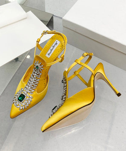Gelb Zirkon Boutique Spleißen Stiletto Sandalen Spitzschuh Aushöhlen