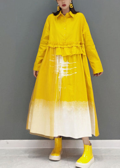 Gelbes Print Langes Kleid mit Knopfleiste Frühling