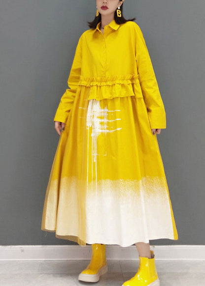 Gelbes Print Langes Kleid mit Knopfleiste Frühling
