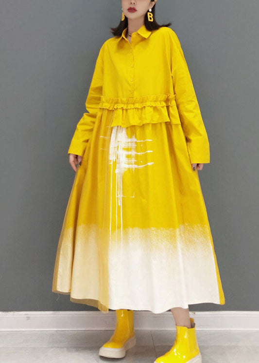 Gelbes Print Langes Kleid mit Knopfleiste Frühling