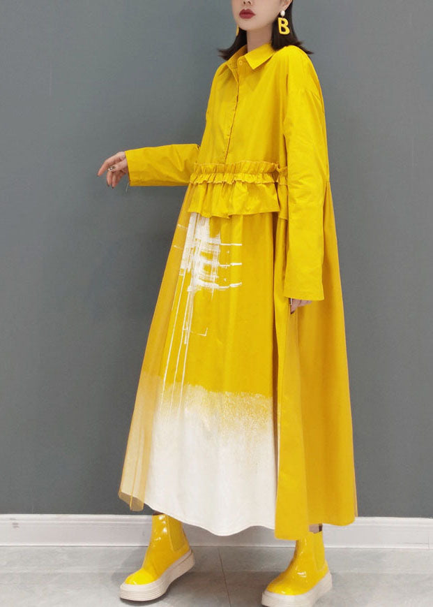 Gelbes Print Langes Kleid mit Knopfleiste Frühling