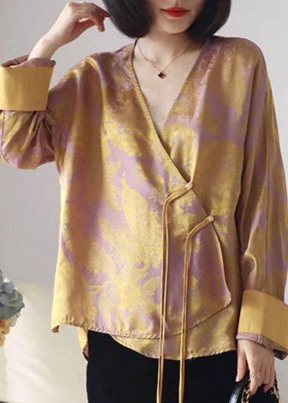Gelbes Patchwork-Seidenoberteil mit asymmetrischem Langarm
