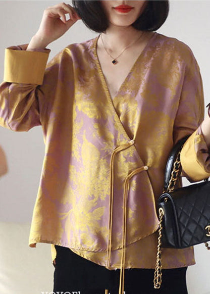 Gelbes Patchwork-Seidenoberteil mit asymmetrischem Langarm