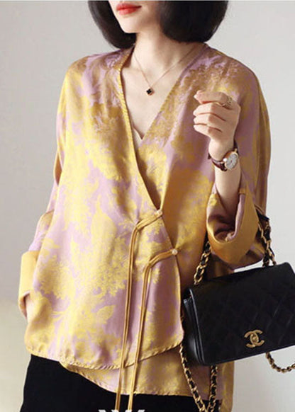 Gelbes Patchwork-Seidenoberteil mit asymmetrischem Langarm