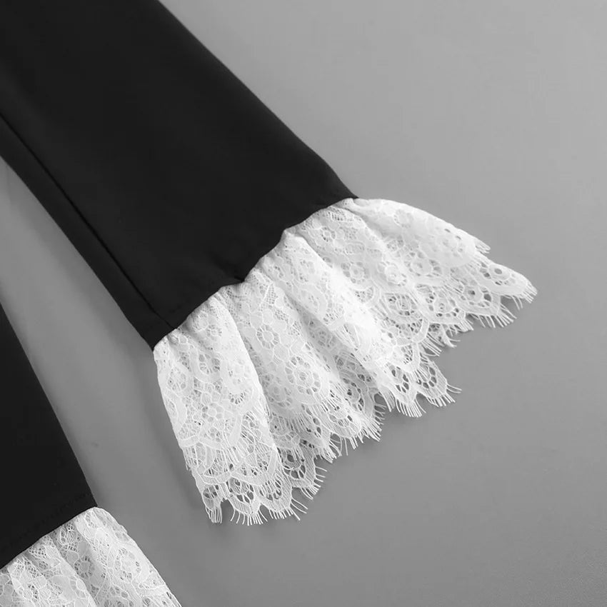 Black and White Lace Contrast-Color Waist-Defining Blazer-Style Skirt