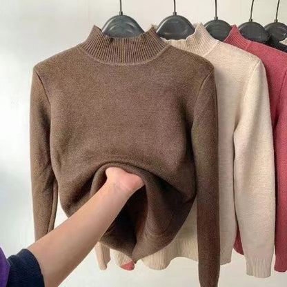 Basic Solid Color High-Neck Fleece-Lined Thermal Knit Base Layer