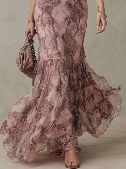 Elegant Dusty Rose Floral Chiffon Maxi Dress