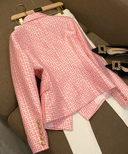 Double-breasted gold-buttoned fashion blazer with multiple herringbone patterns