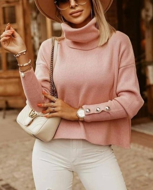 High-Neck Loose-Fit Sweater with Metal Button Collar