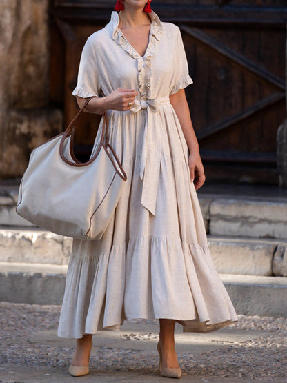 Ruffle Collar Cotton Linen Pocket Dress