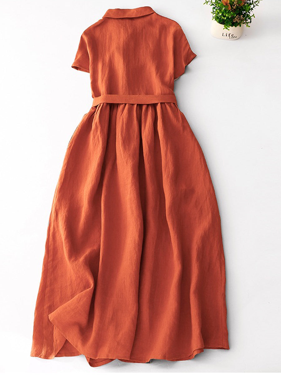 Shirt Collar Cotton Linen Pocket Dress