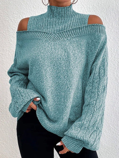 High-Neck Off-Shoulder Cable-Knit Oversized Sweater