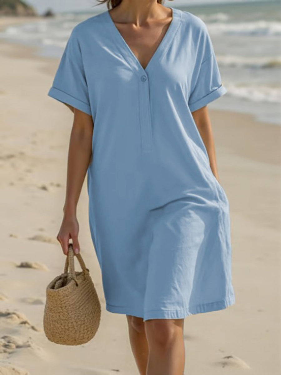 Casual V-Neck Cotton Midi Dress