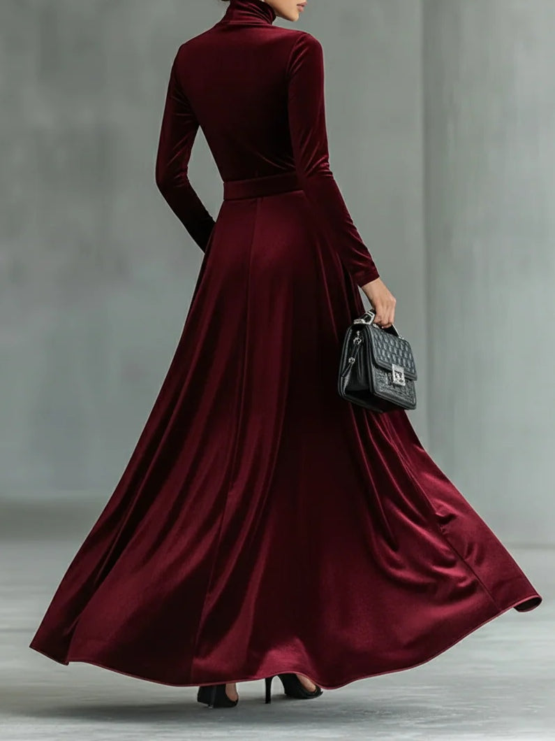 Minimalist Velvet Turtleneck Maxi Dress (with belt)